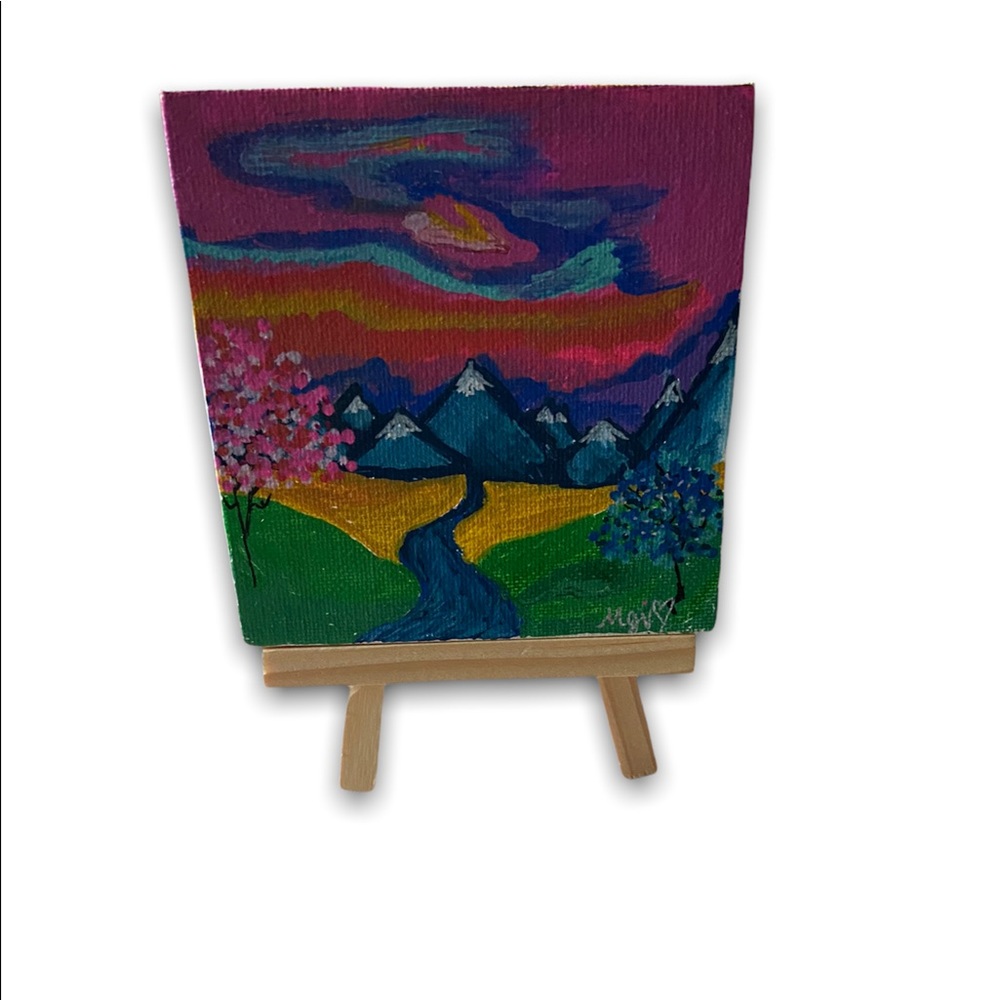 4in x 4in “abstract landscape”. No staples, paint does not continue on sides